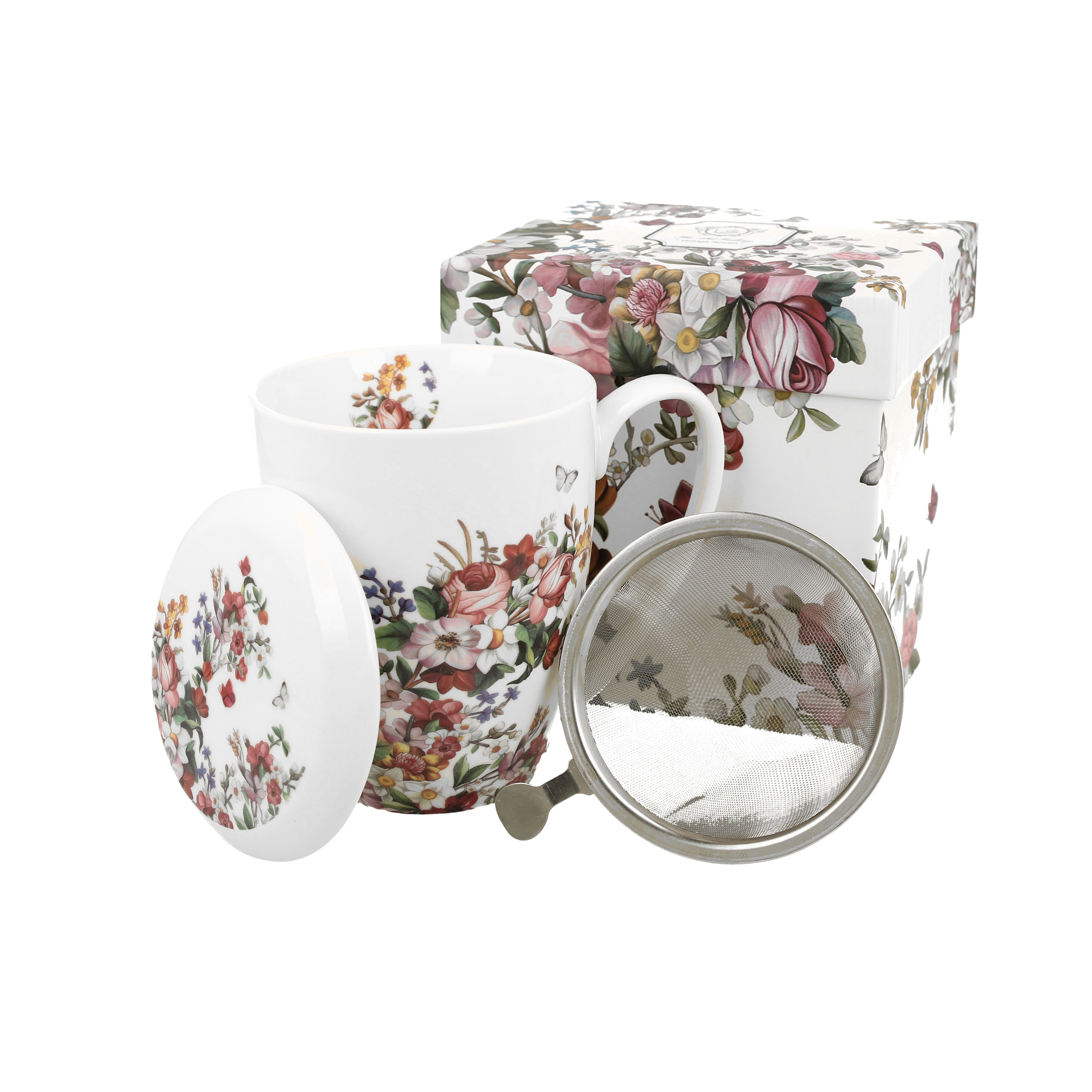 Šolja za čaj Vintage Flowers 360ml sa filterom i poklop. bijela Duo